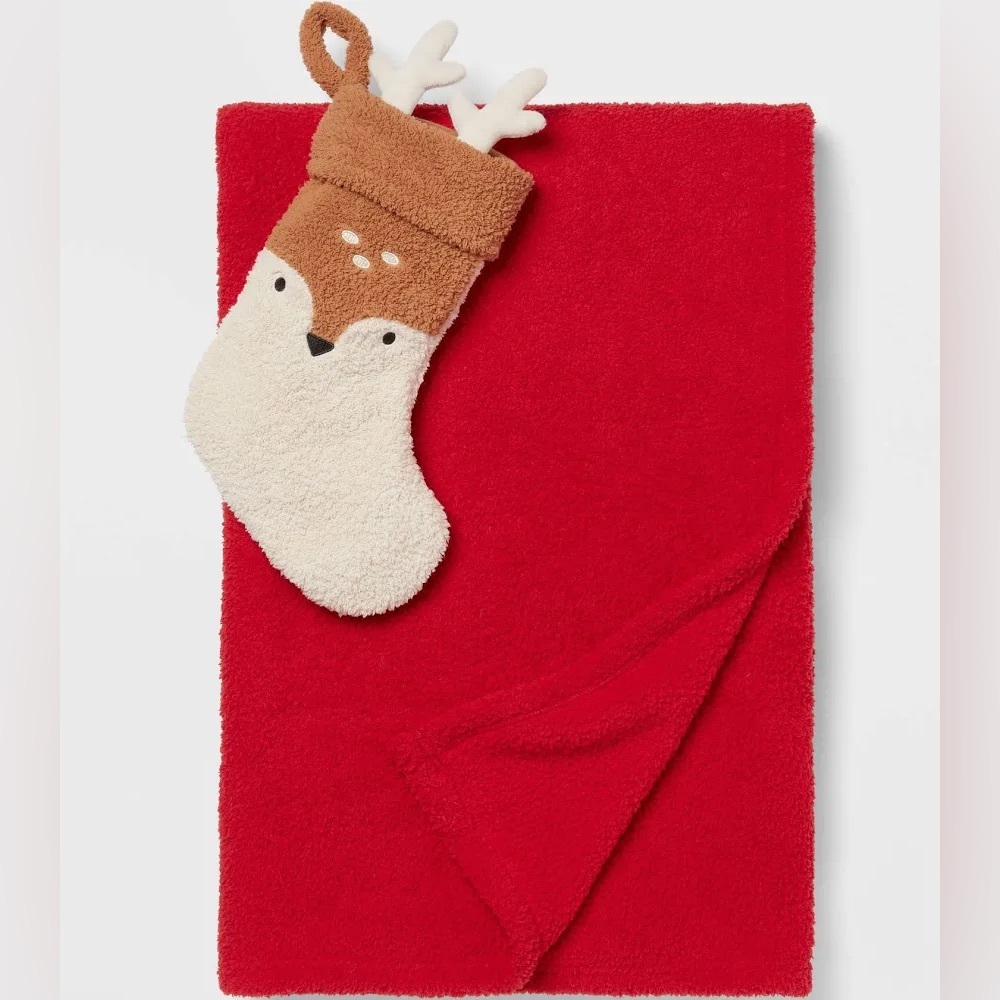 Red Blanket with Reindeer Stocking